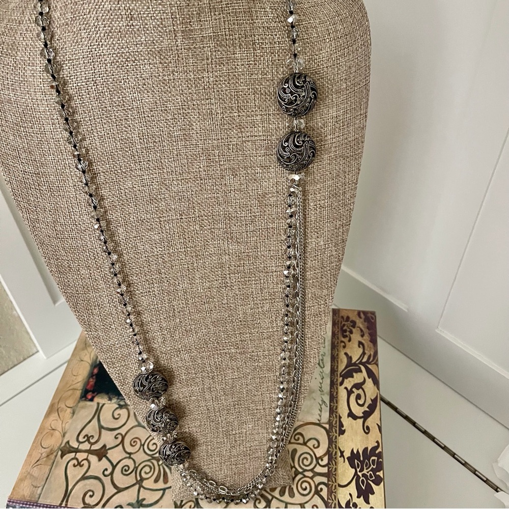 Vintage Opera Length Filigree and Hand Knotted Smokey Grey Crystal Beads - Picture 3 of 13